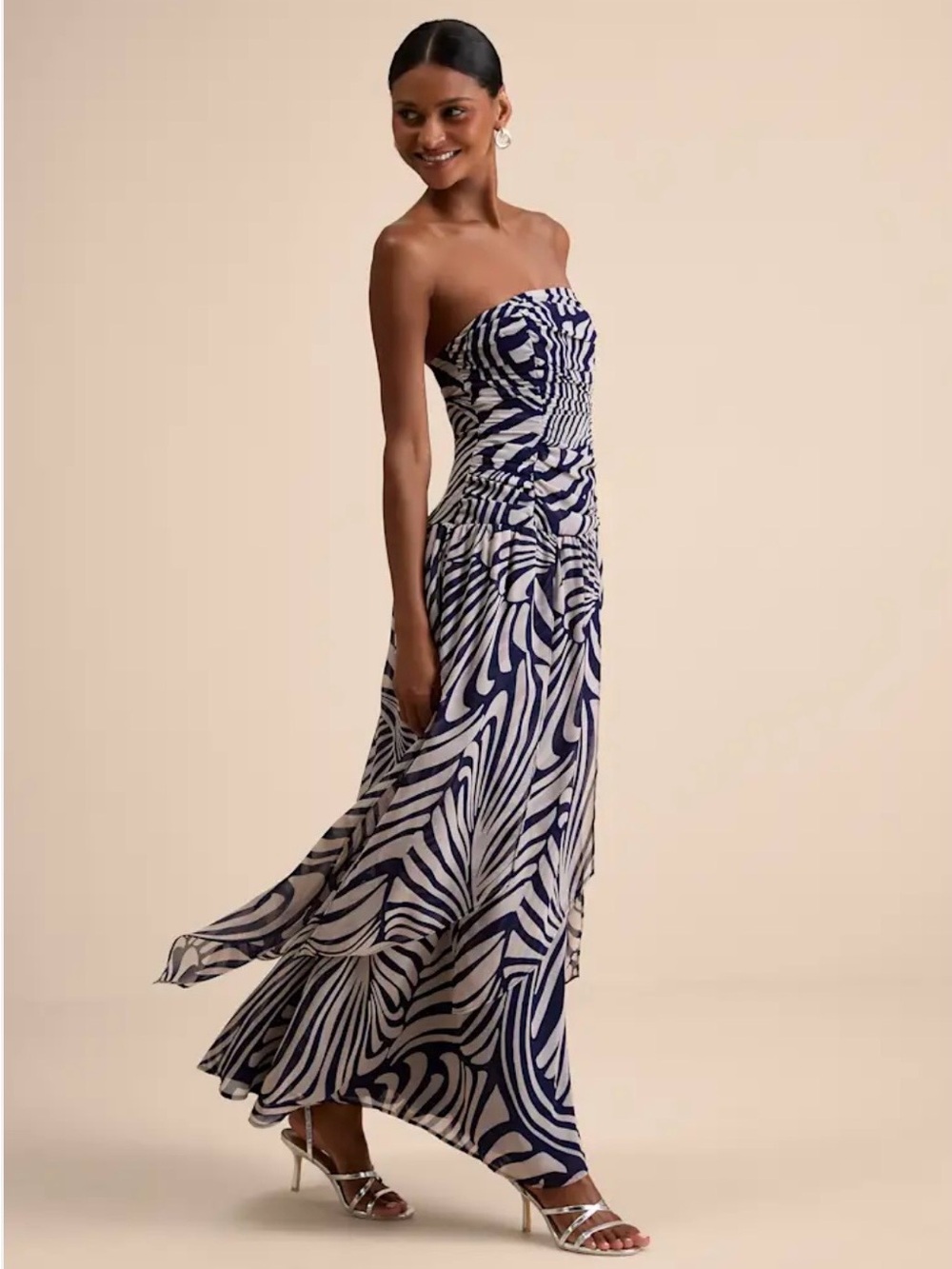 Strapless Navy and White Patterned Maxi Dress